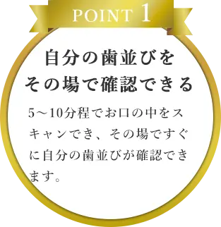 POINT 1｜自分の歯並びを
                    その場で確認できる｜5～10分程でお口の中をスキャンでき、その場ですぐに自分の歯並びが確認できます。